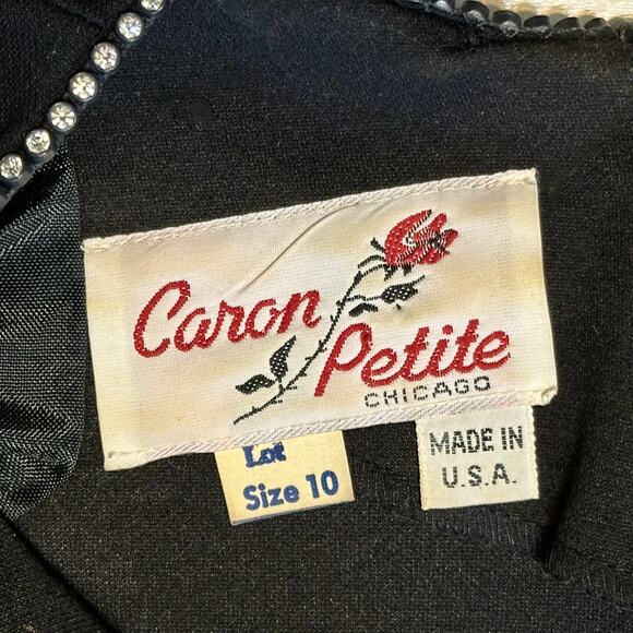 Vintage 70s Caron Petite Black Rhinestone Cocktail Dress 10P Bow Belt Retro Midi - Picture 4 of 10